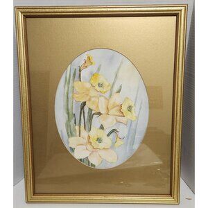 Orig Watercolor Painting,  22 X 17 “Daffodils” Yellow With Gold Frame Artwork